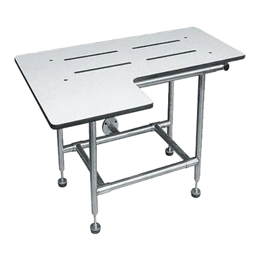 Folding Shower Seat - L-Shape, 4 Leg - Solid Phenolic - Wall Mounted with Leg Supports