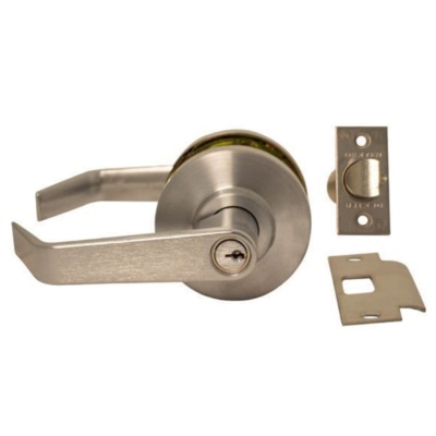 Dexter Cylindrical Lock, Entry/Office, Grade 2, 2-3/4 Backset, ANSI Strike, Clutching Angled Lever, Keyed Different Cylindrical Levers