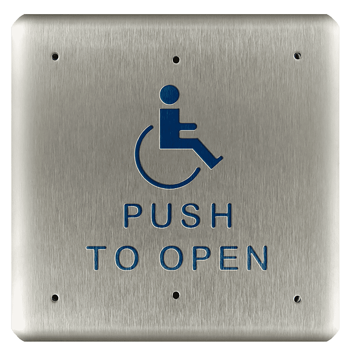 Qualified BEA Stainless steel push plate, 4.75 square, blue handicap logo and text Miscellaneous Door Hardware